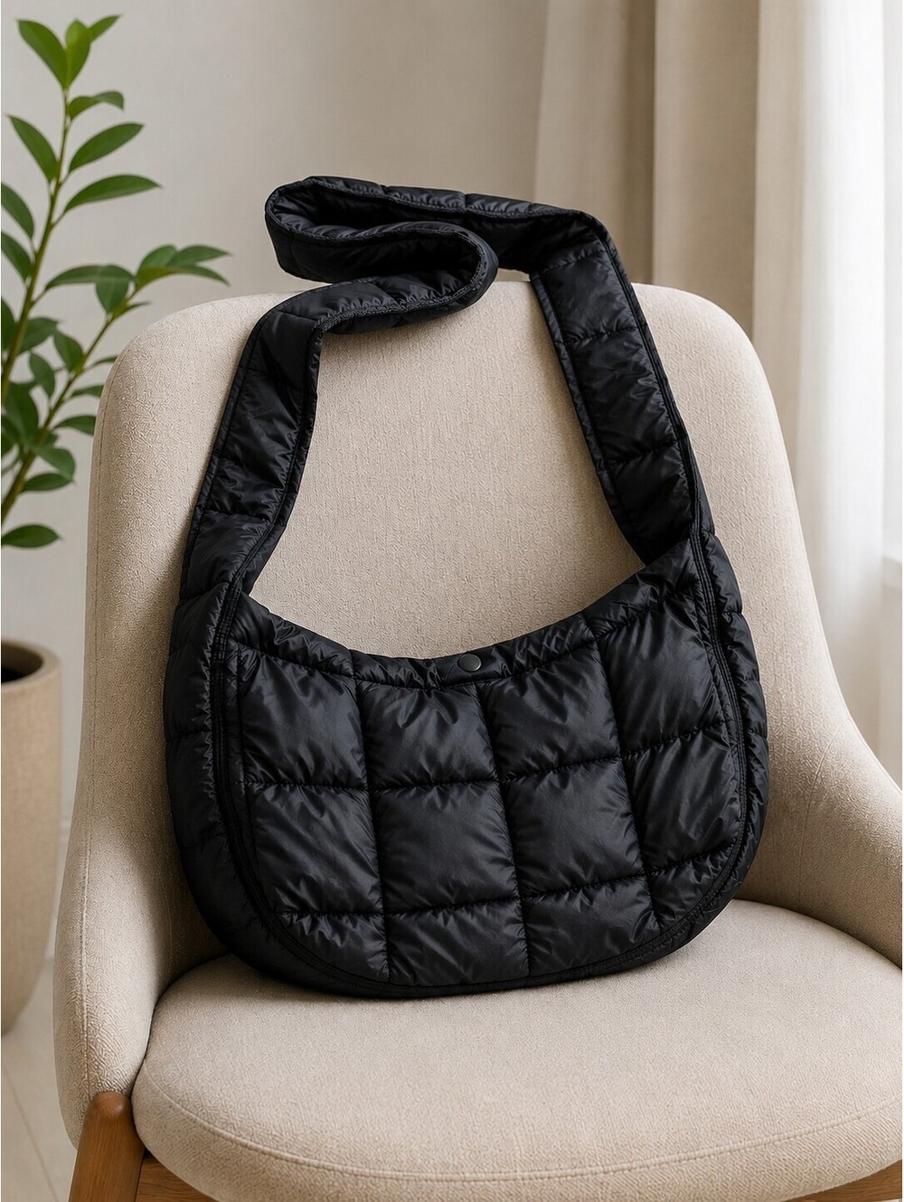 Black Quilted Puffer Cross Body Shoulder Bag with Zipper and Snap Closures - Picture 2 of 10